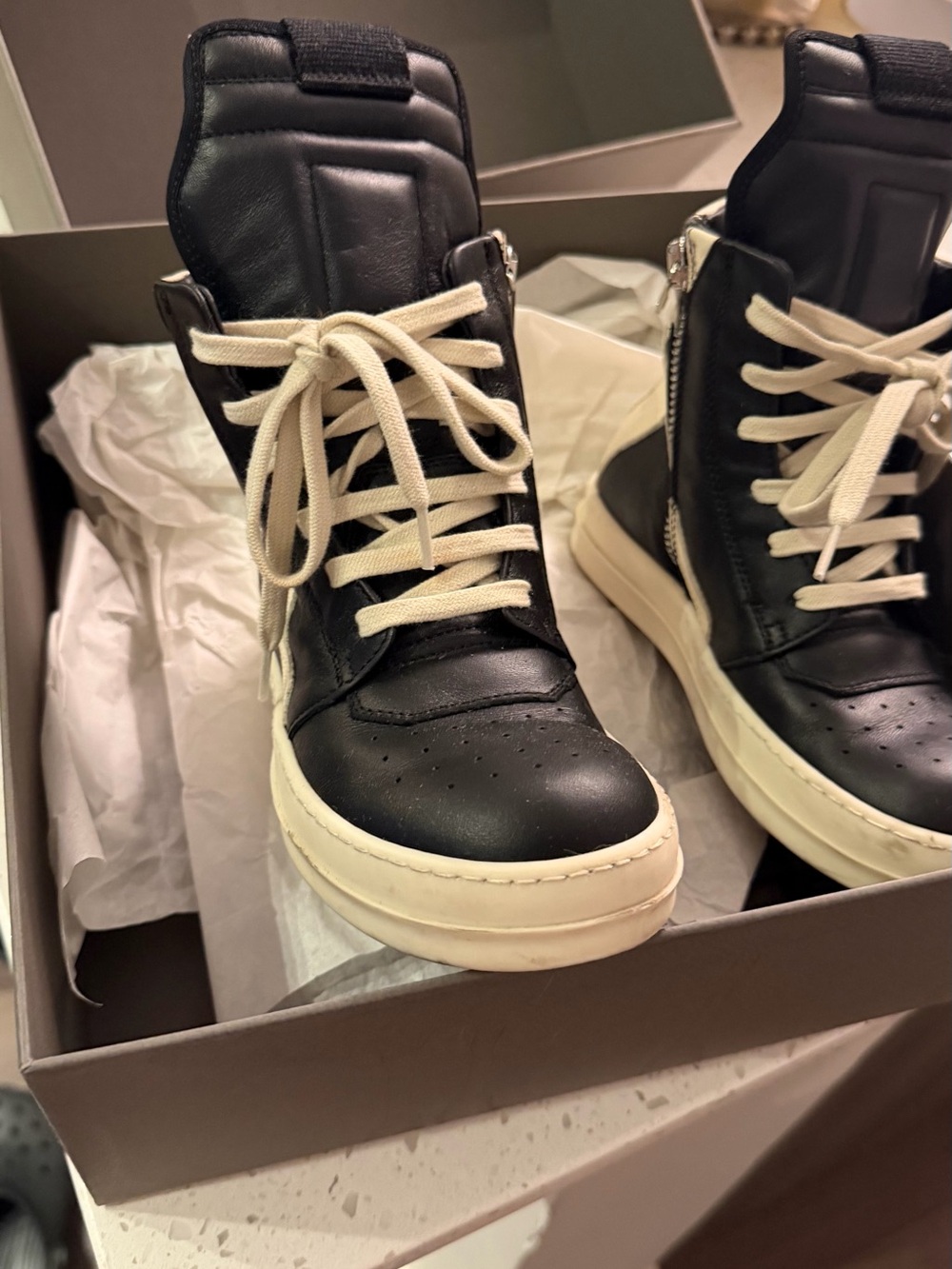 Rick Owens Black Leather High-Top Sneakers with Cream Soles